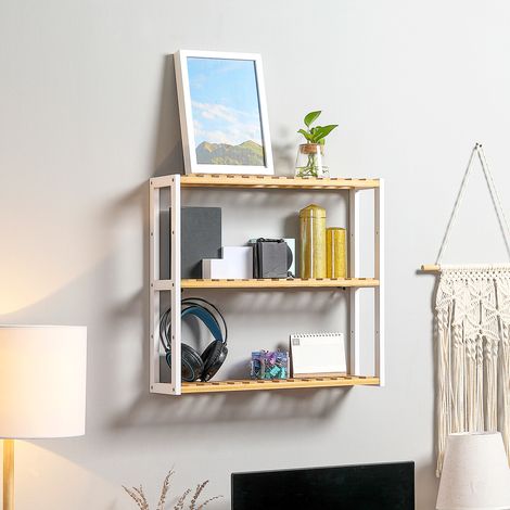 Estantería de Pared de Bambú con 3 Estantes Flotantes para Salón Dormitorio Cocina 60x15x54 cm Natural y Blanco (1/5)