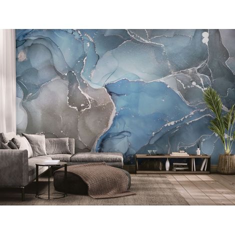 Papier peint Abstrait – marbre minéral aux nuances bleutées - 150 x 250 cm (1/2)