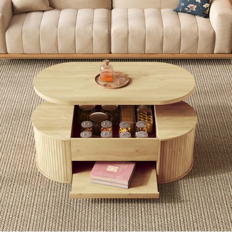 Table basse relevable avec rangement et tablette coulissante, 110 x 55,5 cm, MDF bois naturel HAVRYA (1/5)
