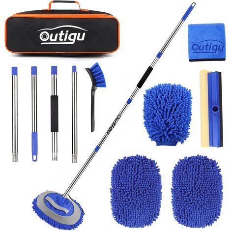 Ensemble de brosses de lavage de voiture avec manche extensible de 160 cm, serpillère en microfibre avec tête de rechange, brosse à roues, serviette et éponge (bleu) (1/5)