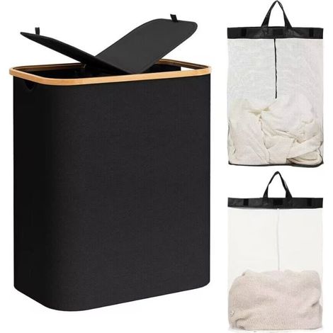 Panier à linge pliable, 140 L, 2 compartiments, seau à linge avec poignée en bambou, panier à linge avec sac Oxford amovible pour buanderie, chambre, salle de bain (1/4)