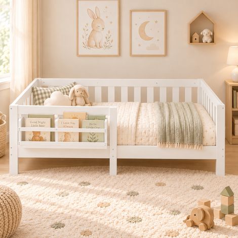 Lit enfant 90x200 cm avec barrière de sécurité, bibliothèque intégrée et sommier inclus, lit simple multifonction en bois MDF - Blanc (1/5)