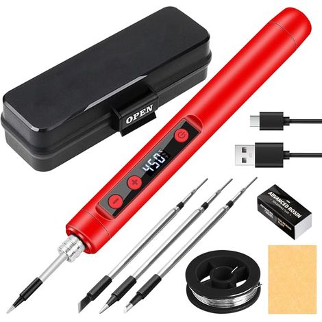 Kit de fer à souder sans fil, fer à souder USB avec écran LCD, température réglable de 180 °C à 450 °C, élément chauffant en céramique, mini fer à souder avec 3 pannes et fil à souder (1/5)