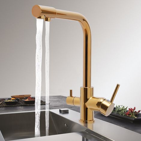 Robinet de cuisine 3 voies avec, conduite séparée pour eau potable filtrée, bec pivotant à 360°, 2 types de jet, cartouche en céramique, corps en laiton (doré) (1/5)