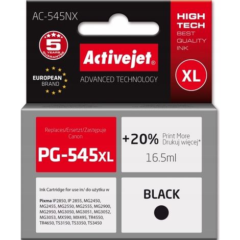 Tinta de repuesto Activejet para impresora Canon PG-545XL AC-545NX, color negro, 1 unidad.