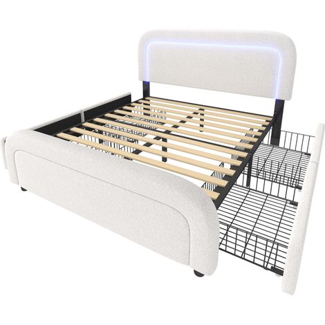 Cama doble tapizada 140x200 cm con USB-C, LED y 4 cajones, blanco, HOMVRA (1/5)