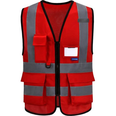 Warnweste mit Reflektorstreifen, Reißverschluss und Taschen, Rot (1/4)
