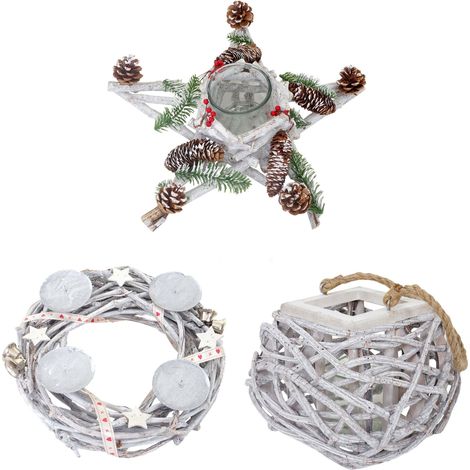 3er Set Adventskranz + Windlicht + Tischkranz Stern, Weihnachtsdeko Gesteck mit Glaseinsatz (1/5)