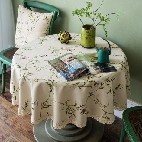 Nappe ronde de 100 cm à fleurs abricot, coton et lin, lavable, résistante aux taches, bordure dentelle (1/3)