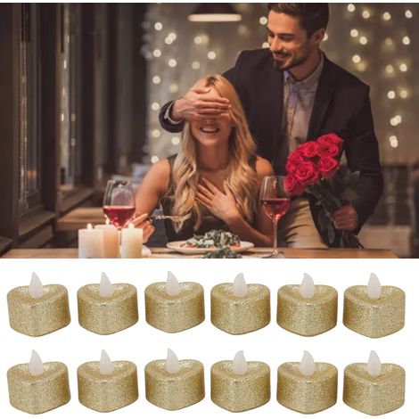 Bougies LED pour Noël, mariages, fêtes et accessoires de escape game guirlandes lumineuses en forme de cœur saupoudrées de poudre dorée, lot de 12. (1/5)