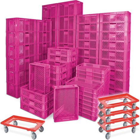 BRB 78 Stück Stapelkörbe/Bäckerkästen in 5 Größen, Grundmaß LxB 600x400 mm, H 90 mm, 150 mm, 240 mm, 320 mm, 410 mm, + 5x Transportroller rot (pink)