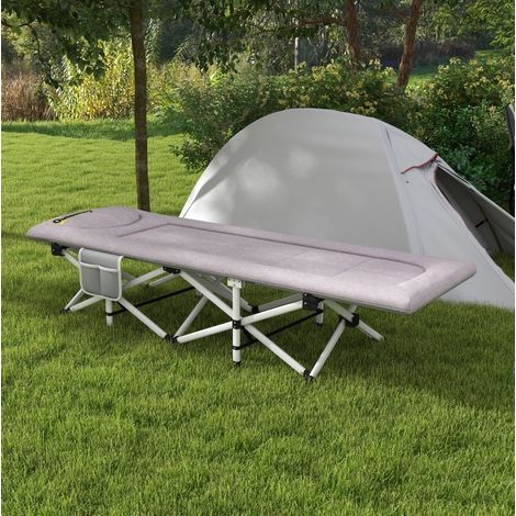 Brandina pieghevole da campeggio in acciaio, grigio, 200x65x42 cm, con cuscino e tasca portaoggetti