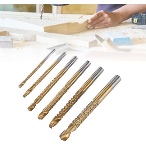 Ce jeu de 6 forets hélicoïdaux dentelés à tige ronde convient au chanfreinage de matériaux tendres tels que le bois, le PVC et les panneaux en plastique. (1/5)
