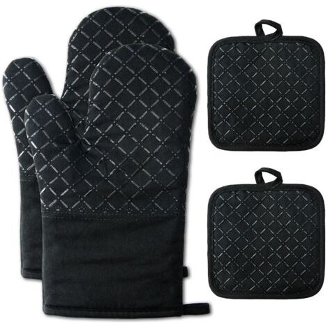 QORVA-Gants de Four Gants de Four 1 Paire et Manique Silicone Gants de Cuisine Cuisine avec Tapis de Maniques Résistant à Chaleur Antidérapant Gant Four pour BBQ Cuisiner Cuire Micro-Ondes (Noir)