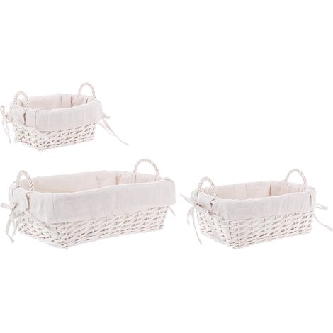 Set 3 Ceste alesha in Vimini naturale, con rivestimento 100% in cotone -Quadrate / Bianco