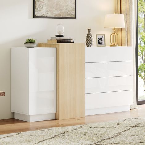 Buffet 140x35x76 cm meuble de gamme MDF 4 carreaux 2 portes et blanc haut brillant design moderne minimaliste pratique (1/5)