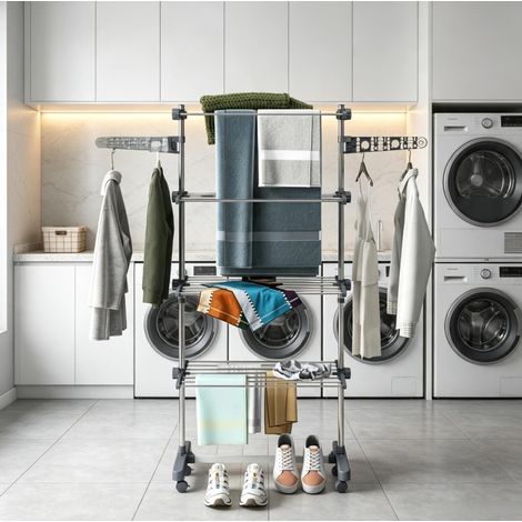 Tendedero plegable con ruedas, 4 niveles, gris (1/4)