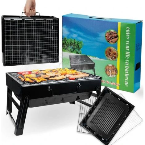 Parrilla portátil plegable para turismo con estuche para camping. Rectangular.