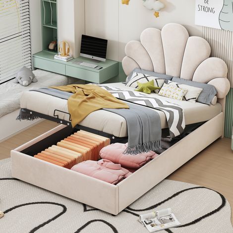 Lit enfant capitonné velours beige 90x200 cm tête de lit florale réglable sommier lattes coffre hydraulique