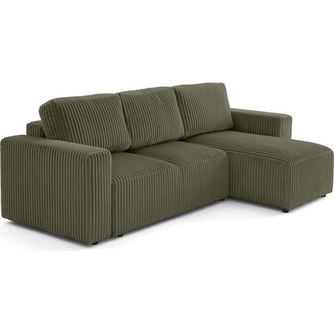 Livy - 4-sitzer ecksofa beidseitig montierbar schlaffunktion und bettkasten groß gerippter cord - grün (1/5)