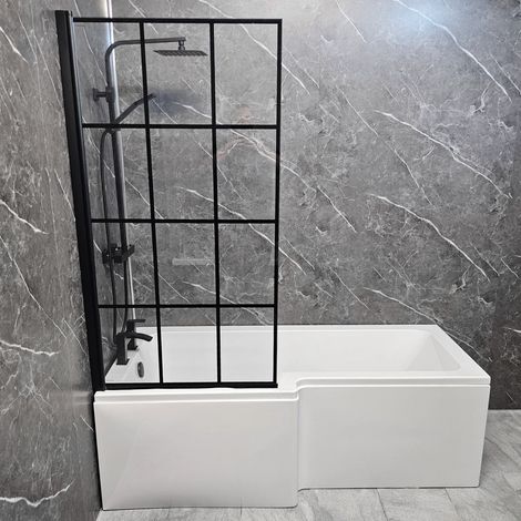 L Shape Shower Bath with Black Grid Bath Screen Front Panel 1700mm Left Hand, No (1/5)