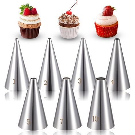 Set mit 7 runden Spritztüllen aus Edelstahl zum Dekorieren von Kuchen, Keksen, Donuts und Schlagsahne.