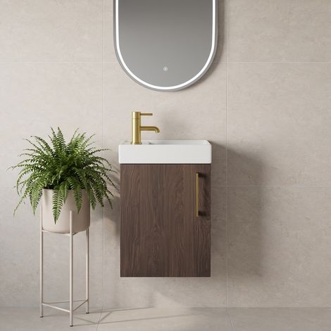 Napoli Cube Brown Oak 400mm Wall Mounted Single Door Vanity Unit with Align Basin - 400mm - Brushed Brass 160mm Handle