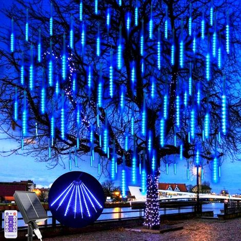 LED Solaires Guirlande Lumineuse Exterieure Noel, 240 LEDs Météore Pluie Guirlandes Lumineuse, 10 Tubes 30CM Étanche Neige Chute De Guirlande Lumières pour Noël Arbre Mariage Fête Decor (Bleu) (1/5)