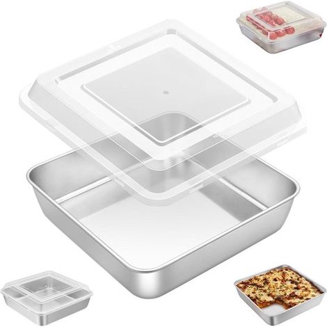 Moule à gâteau carré - Moule carré en acier inoxydable avec couvercle - 20 x 20 x 5 cm - Argenté - Moule à gâteau carré de 20 cm - Idéal pour la cuisson des lasagnes, brownies, puddings, etc. Argenté (1/5)