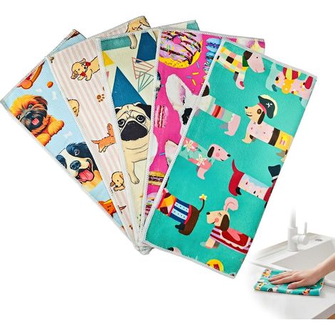 Lot de 5 Torchons de Cuisine Teckel en Microfibre, Essuie-mains Ultra Absorbants pour Vaisselle et Plan de Travail, Motif Chien Mignon, 25 x 25 cm, Décoration de Cuisine Originale (1/5)