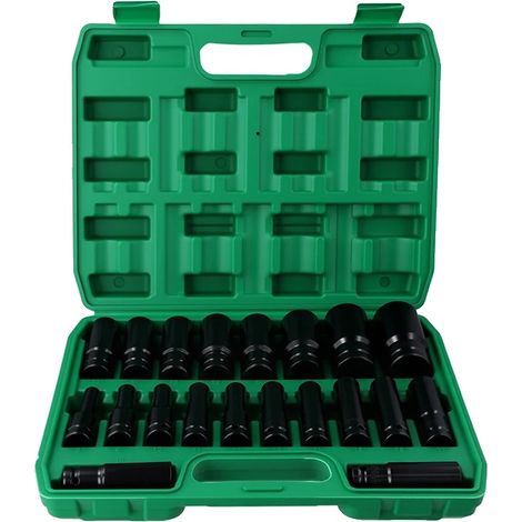 Set di bussole per avvitatore a impulsi, 20 pezzi, acciaio al cromo vanadio, valigetta portaoggetti resistente, 20 pezzi (1/2)