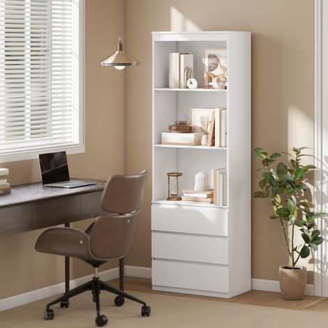 Bibliothèque haute 180 cm 3 étagères 3 tiroirs 60×35×180 cm Bois Blanc (1/5)