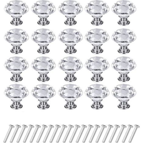 Poignee de meuble cuisine,Bouton de Meuble Cristal,20 Pcs 30mm Poignées Boutons Transparent Diamant Cristal, Bouton de Porte Meuble