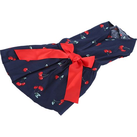 Vêtements d'été mignons pour chiennes - Robe sans manches en polyester avec nœud papillon pour chienne XZD233 Motif cerises Bleu marine L (1/5)