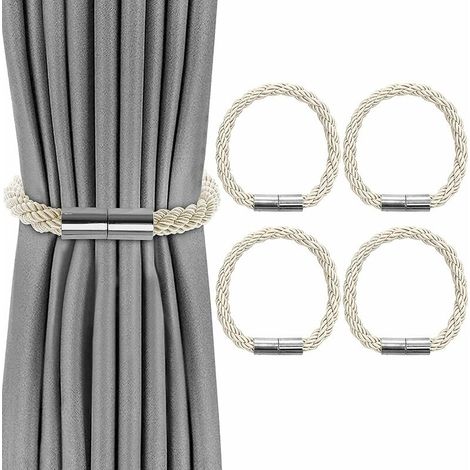 Set of 4 Curtain Tiebacks, Magnetic Curtain Tiebacks Magnetic Braiding Buckle Curtains for Home Office Decoration (Beige)