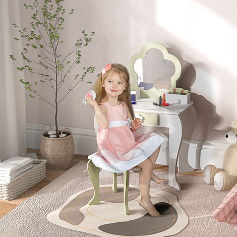 Ensemble coiffeuse pour fille avec miroir de maquillage et tabouret en bois assorti. Tiroir et rangement. Blanc.