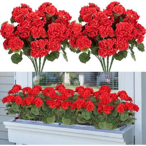 8 Bouquets Géranium, Fleurs Artificielles Rouge, Tiges Flexibles Fil Métallique, Plastique Durable, Décoration Jardin Terrasse Balcon (1/5)