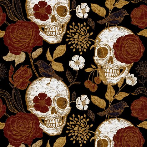 Telas decorativas para exteriores Oxford - motivos de calaveras, flores y pájaros (1/5)