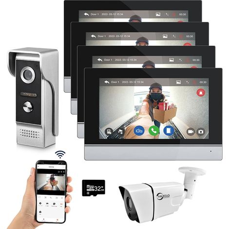 Tuya WiFi Wired Video Intercom System with 7-inch Touchscreen 1080P Camera,  Doorbell,  and Smart Intercom Kit with Tuya App and Motion Detection, 1 Doorbell,  3 Monitors,  and 1 Camera (1/5)