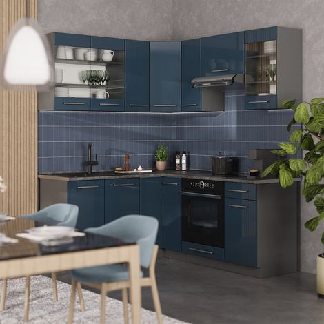 Armoires de cuisine Fame-Line, Bleu foncé brillant/Anthracite, 190 x 160 cm sans PT, Vicco