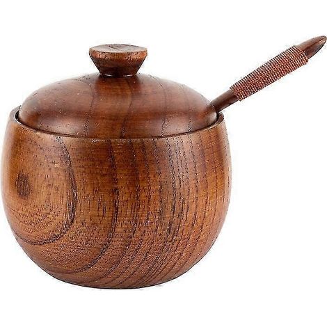 Pot à épices rond rétro en bois, avec couvercle et cuillère, pour conserver le sucre, le sel, la sauce, le vinaigre, le poivre et les épices. (1/4)