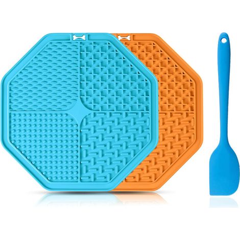 MINKUROW 2 Packungen Hundeleckmatte, langsame Hundeleckmatte mit Silikonspatel für Badepflege und Hundetraining – 20 x 20 cm, Blau + Orange