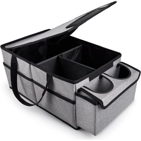 Grauer, faltbarer Auto-Organizer für Vorder- und Rücksitze – mit Getränkehalter und mehreren Fächern für Spielzeug, Snacks und Bücher (1/5)