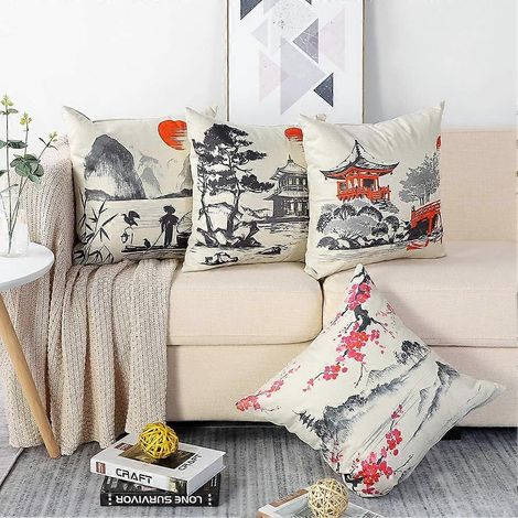 Ensemble de 4 housses de coussin de 445 x 45 cm, en polyester et lin, décoratives pour canapé, voiture et maison. (1/5)