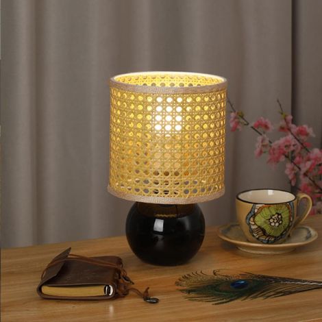 Lampe de Table Rétro Campagnarde Chevet en céramique et rotin (1/5)