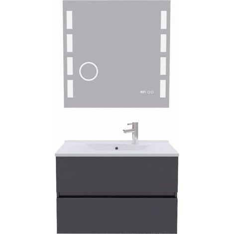Meuble salle de bain 80 cm ROSALY avec plan vasque et miroir Excellence- Gris- Plan vasque en Résine (1/5)