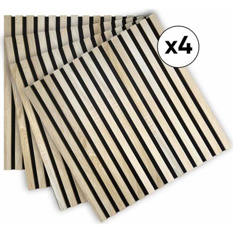 Lot de 4 Panneaux tasseaux bois 60 x 60 x 1,9 cm - décor chêne clair fond noir - 1,44m²