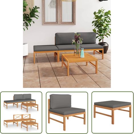 The Living Store Salon de jardin 4 pcs avec coussins gris Bois de teck solide - Ensemble Salon De Jardin - Mobilier De Jardin - Salon De Jardin En Bois - Terrasse - Jardin (1/5)