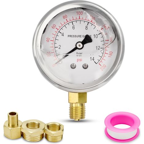 1pcs 60mm pressure gauge BSP 1/4" 0-14 Bar 0200 PSI with 2pcs sleeve and 1pcs hex reducer connection, polytetrafluoroethylene strip, radial (1/5)