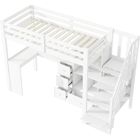 Cama alta 90x200 cm con escritorio, cajones y escalera con almacenaje blanca MODENUIT (1/5)